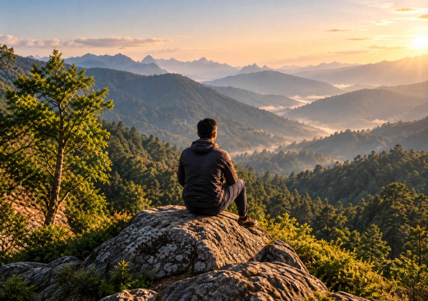 Traveller looking across the Kumaon valley from Jhaltola
