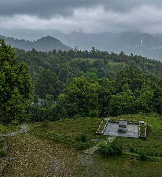 Misty forested mountains in the Kumaon hills during monsoon